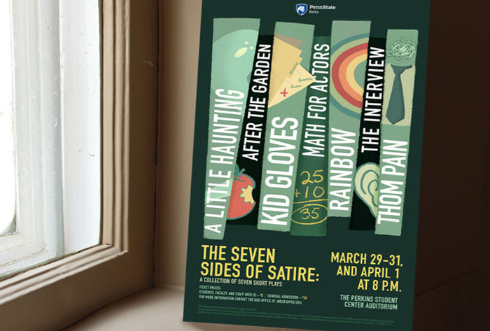 "The Seven Sides of Satire" poster featuring shades of light and dark green