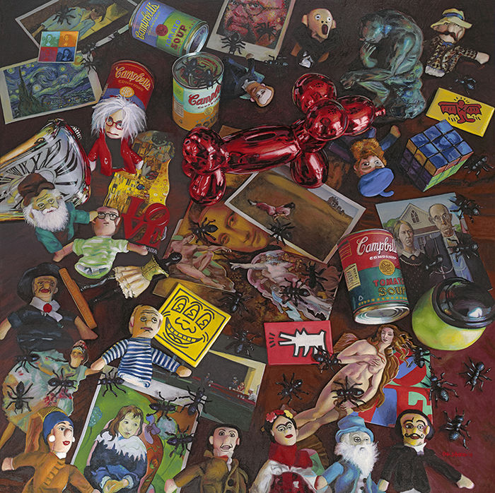 A still life painting by Steve Scheuring, showing postcards, cans of soup, dolls and other assorted objects scattered on a tabletop