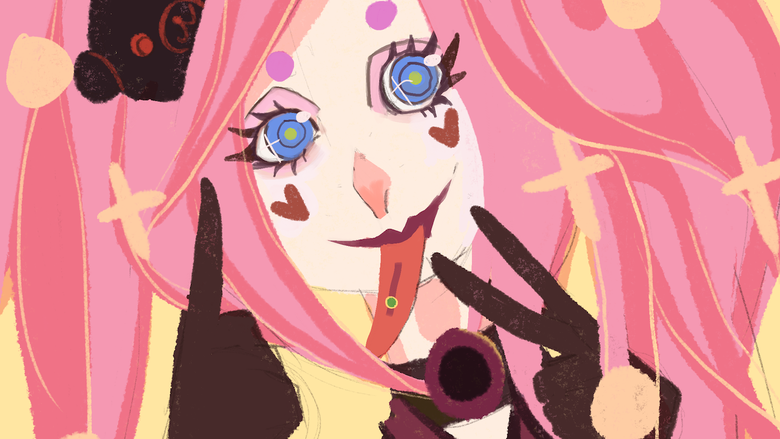 a digital drawing of a female-coded person with pink ponytails making a face at the viewer 