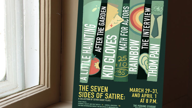 "The Seven Sides of Satire" poster featuring shades of light and dark green