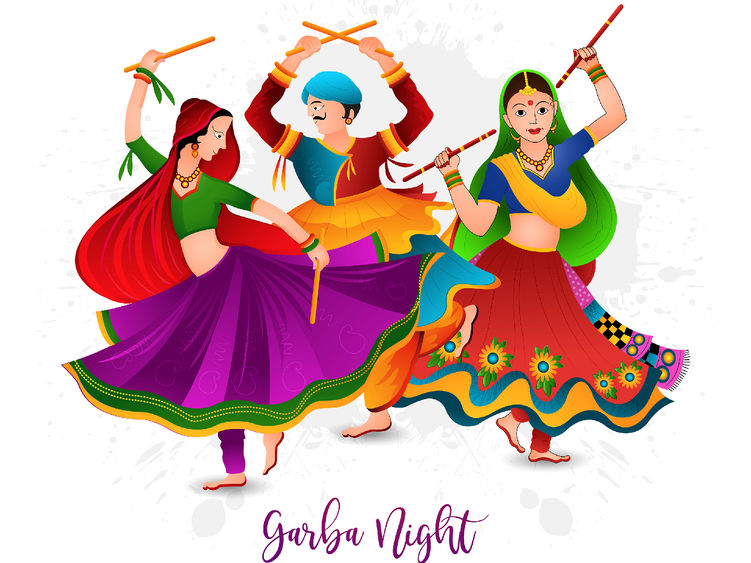 An illustration of three people dancing and wearing colorful garb