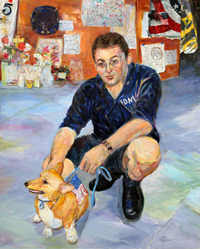 Painting of man kneeling with dog at firehouse