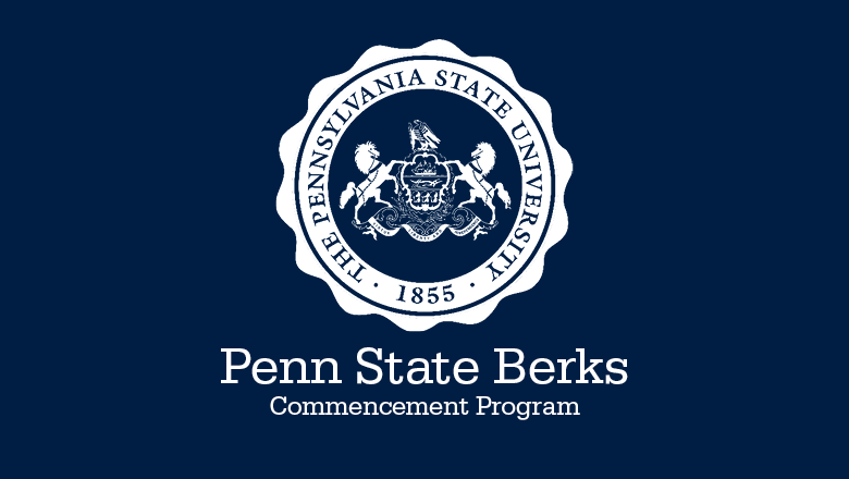 Blue background with Penn State seal and text reading "Penn State Berks commencement program"
