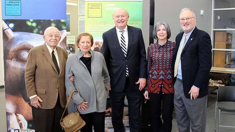 From left to right: Irv and Lois Cohen, Chancellor Hillkirk, Dena Hammel and Victor Hammel. The Cohens and Hammels have made a combined gift of $3 million to Penn State Berks, which will help create the Cohen-Hammel Fellowship Program.