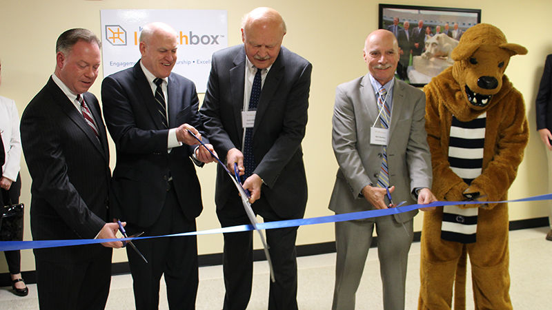  The ribbon-cutting ceremony included (left to right) Randy Peers, John Morahan, Dr. R. Keith Hillkirk, Dr. Neil Sharkey, and the Nittany Lion