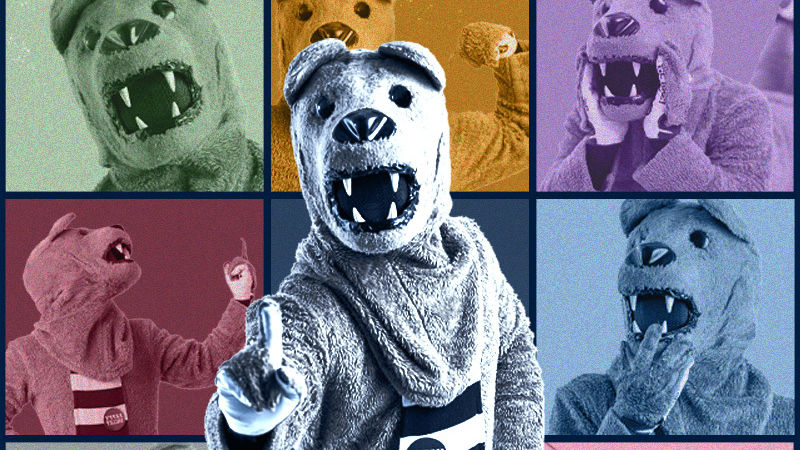 Nittany Lion poses as Taylor Swift's Eras Tour poster