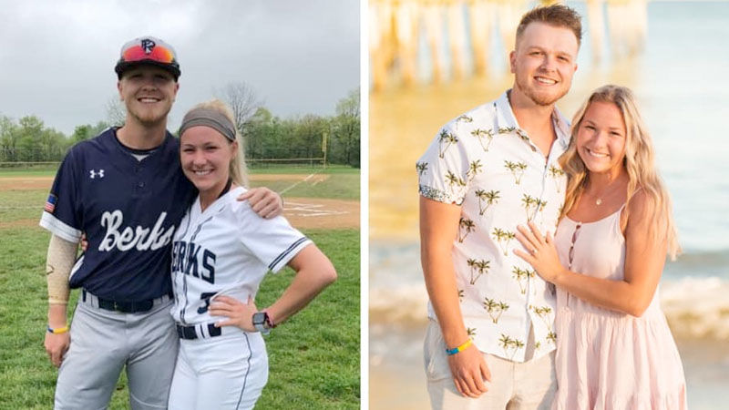 side by side photos of a couple, one where they are wearing Berks baseball and softball uniforms and the other of the same couple on a beach