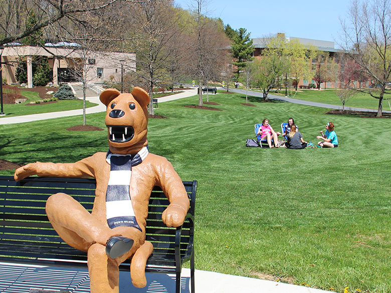 Penn State Berks Lion Bench in the spring
