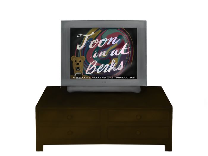 a television on a table, with "Toon in at Berks" on the screen