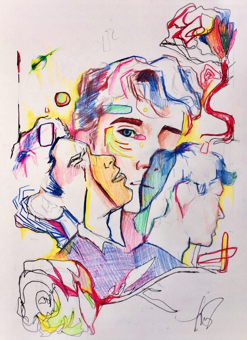 a colored pencil drawing of several overlapping mens faces