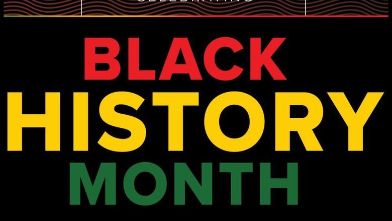 Black History Month graphic in red, yellow and green