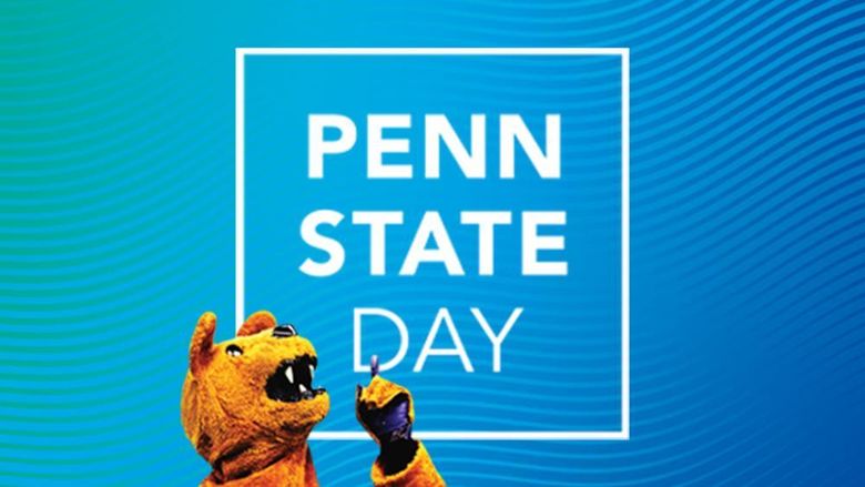 Nittany Lion mascot pointing to text reading "Penn State Day"