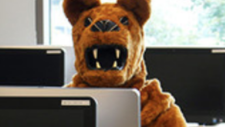 Nittany Lion at computer