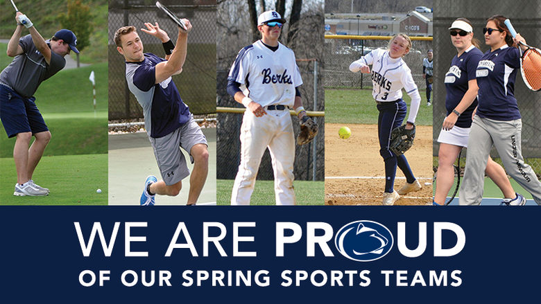 photos of students playing gold, men's tennis, baseball, softball, and women's tennis above a banner that says "We are proud of our spring sports teams"