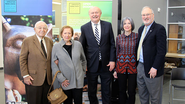 From left to right: Irv and Lois Cohen, Chancellor Hillkirk, Dena Hammel and Victor Hammel. The Cohens and Hammels have made a combined gift of $3 million to Penn State Berks, which will help create the Cohen-Hammel Fellowship Program.