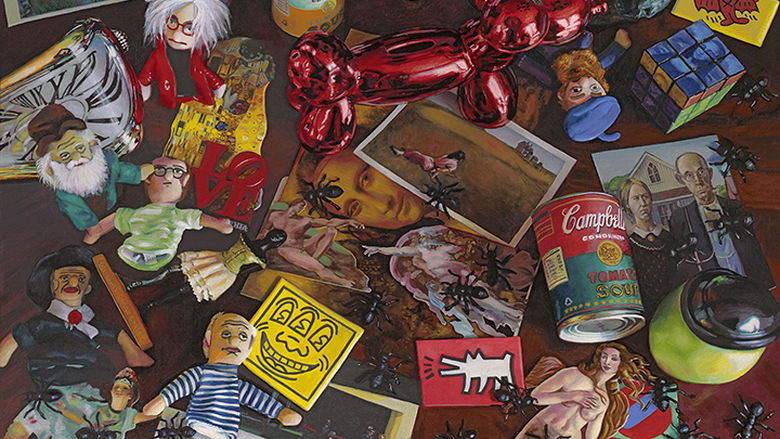 A still life painting by Steve Scheuring, showing postcards, cans of soup, dolls and other assorted objects scattered on a tabletop