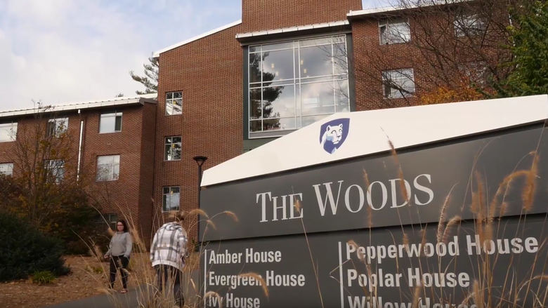Shot of "The Woods" sign outside the residence halls on campus