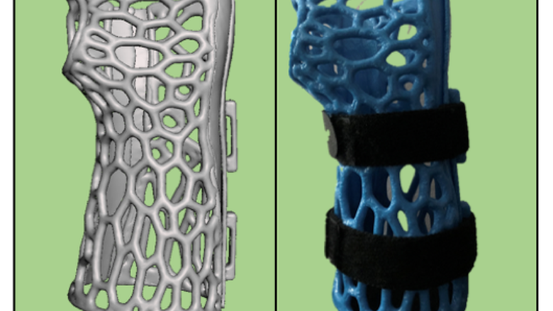 side-by-side of 3D computer rendering of the support, and a prototype