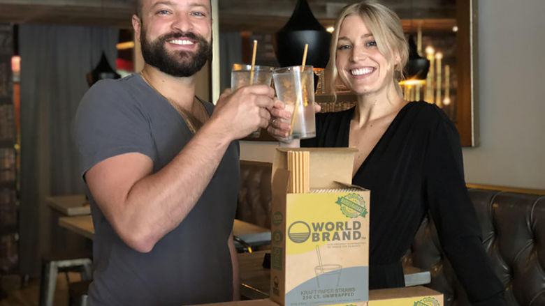 World Brand founders Petros Pappalas and Shanna Henry showcase their paper straw product