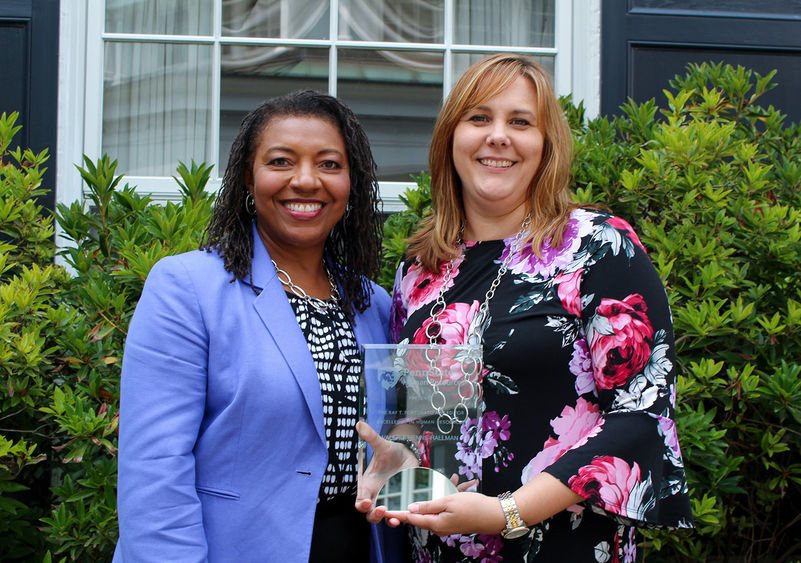 Lorraine Goffe, left, vice president for human resources and chief human resources officer at Penn State, presented Valerie Henne-Hallman with the 2019 Ray T. Fortunato Award for Excellence in Human Resources.