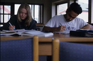 Two students working in dorms common room